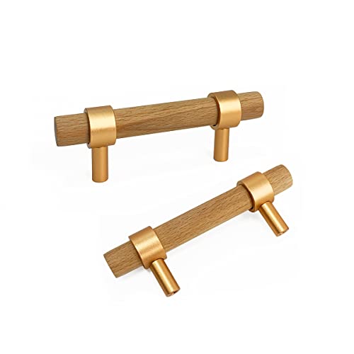 6 Pack Wood Cabinet Pulls, Beech Wood Drawer Pulls 2.5Inch Hole Centers T-Bar Modern Wooden Handles For Cabinets Dressers With Screw, Perfect Replacement Old Handles, 4.1Inch Overall Length,Rose Gold #TOP3