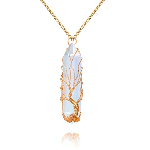 VIBILIA Healing Crystal Necklace Tree of Life Wire Wrapped Natural Stone Point Pendant Necklace Hexagonal Reiki Spiritual Quartz Gemstone Jewelry for Women Men