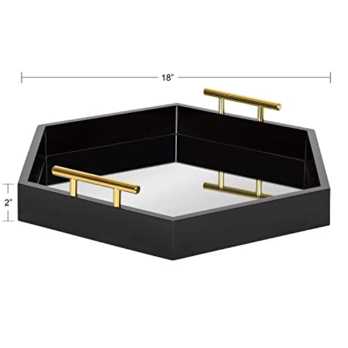 Image of Kate and Laurel Lipton Modern Hexagon Mirrored Tray; 18 x 18; Black and Gold; Midcentury Decorative Serving Tray for Storage and Display