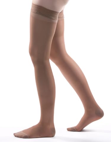 Image of Allegro Women's Thigh High Compression Stockings 15-20 mmHg Support Hose | Lightweight sheer fabric, lace-silicone stay-up band, reciprocated heel and balloon toe for secure hold and everyday comfort