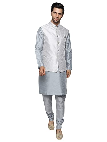 Image of Uri and MacKenzie Men's Silk Blend Kurta Churidar Pyjama with Stylish Nehru Jacket