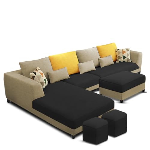 Image of Casaliving Minta 8 Seater L Shape Sofa Set with Ottoman & 2 Puffy for Living Room (8 Seater LHS, Cream Black)