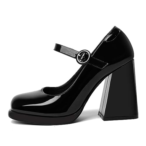 miss left Women's Platform Closed Round Toe Pumps Mary Janes Glossy Leather Ankle Strap Chunky High Heels Girls Party Dressy Shoes Size 4-16 US2