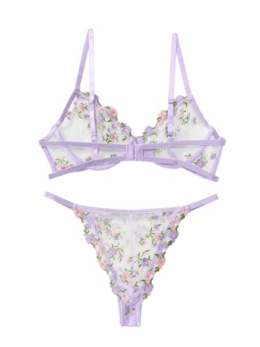 Image of Lilosy Sexy Floral Embroidered Mesh Sheer Underwire Lingerie Set