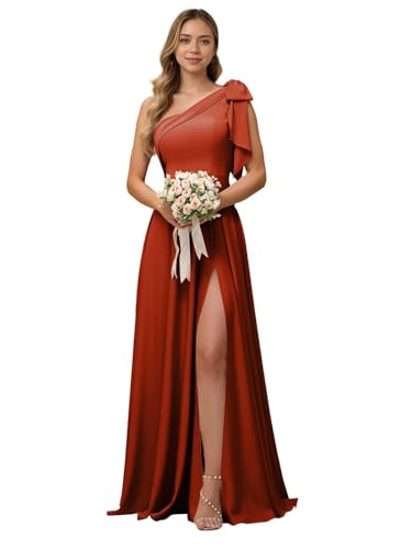 One Shoulder Bridesmaid Dress with Bow 2025 Satin A-Line Pleated Corset High Split Wedding Guest Dress