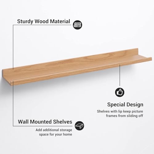 Image of Wooden Floating Wall Shelves Set of 3 for Living Room & Bedroom | Modern Wall Mounted Display Rack for Decor, Photo Frames, Plants & Storage (Natural, 47 Inch)