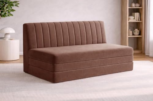 Image of Rosebell -3 Seater Upholstered Armless Sofa Cum Bed with Backrest | Velvet Fabric Finish | Modern Living Room & Bedroom -Brown