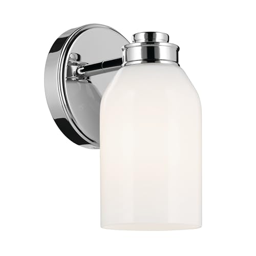 Image of Kichler Shae 1-Light Bathroom Wall Light, Chrome | White opal glass wall light for bathrooms, hallways and mirrors (5 inch x 8.25 inch), 55200CH