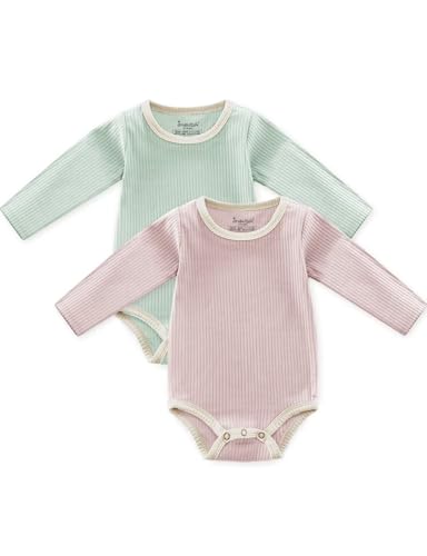 Image of Ekkimy Baby Girls Boys Long Sleeve Bodysuits, Organic Cotton Waffle Gender Neutral Romper 2 Packs(0-24 Months)