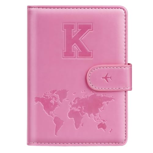 Passport Holder Cover Initail Letter A-Z Travel Wallet Embossed Design RFID Blocking Card Holder Personalized Gift Passport Cover Wallet Passport Book Holders for Women and Girls Pink-K