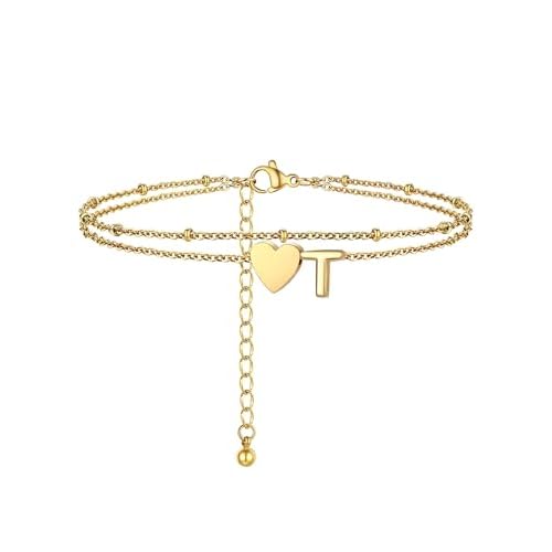 PROSTEEL Women Heart Anklet, A-Z Letter Initial Ankle Bracelet, Adjustable Double-Layer Foot Chain for Beach Summer, Silver/Gold Plated 316L Stainless Steel (with Gift Box) Gold Plated - T