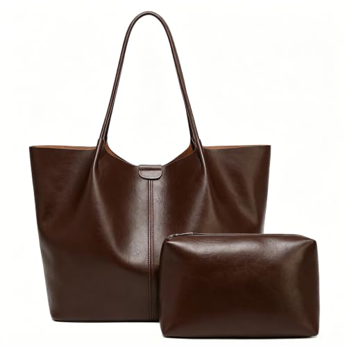 Tote Bag For Women Large Capacity Soft Leather Purse With Interior Pouch Multi-Use For Daily Commute Work Travel (Coffee)
