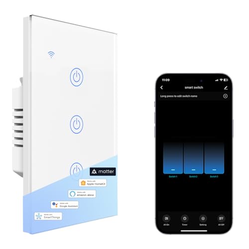 XFOX Glass Panel Smart Touch Light Switch 3-Gang - Tuya Matter Enabled for Apple Home/Siri, Alexa, Google - Requires Neutral - WiFi 2.4GHz - 120V 10A