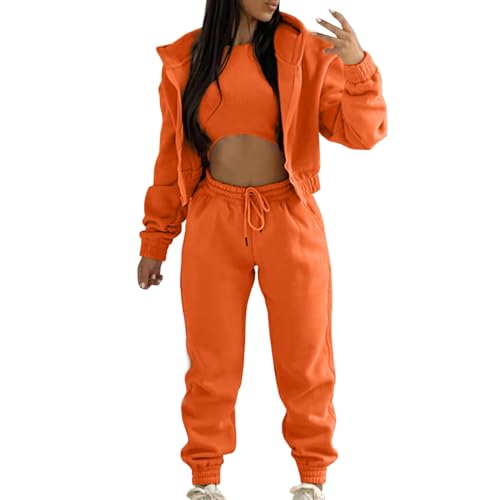 Generisch 3 Stücke Damen Jogginganzug Damen Langarm Kapuzenjacke + Crop Top + Jogginghose Mit Taschen Baggy Elegant Sportanzüge Yoga Outfit Kapuzenpullover Sporthose Set Freizeitanzug (A Orange, S) Generisch 3 Stücke Damen Jogginganzug Damen Langarm Kapuzenjacke + Crop Top + Jogginghose Mit Taschen Baggy Elegant Sportanzüge Yoga Outfit Kapuzenpullover Sporthose Set Freizeitanzug (A Orange, S)