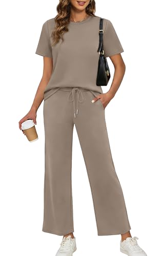XIEERDUO Lounge Sets for Women Summer Fashion 2 Piece Travel Outfits Spring Loungewear Short Sleeve Tracksuits Airport Track Suits Wide Leg Sweatsuits Cruise Wear Vacation Clothes Clothing Khaki L
