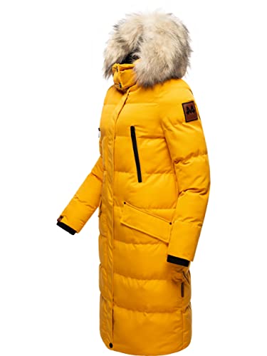 MARIKOO Damen Wintermantel warmer Steppmantel lang mit abnehmbarem Kunstfell und Kapuze Schneesternchen Yellow Gr. XS