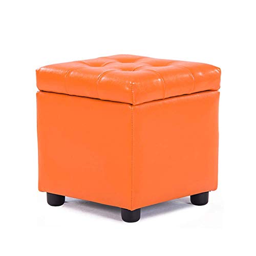 Pouf Multifonction en Bois et PU Orange avec Coffre Amovible