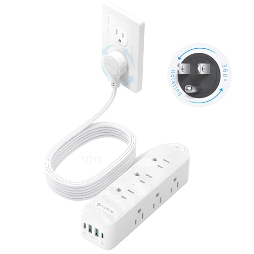 Image of TROND 360 Rotating Flat Plug Power Strip with USB PD 20W, 10FT Flat Extension Cord Surge Protector 1300J with 9 Outlets 4 USB Ports, Wall Mountable, for Home Office Travel Dorm Room Essentials, White