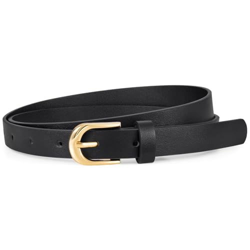WHIPPY Women's Skinny Leather Belt for Jeans Dress Pants Fashion Ladies Thin Waist Belt with Gold Buckle