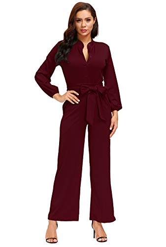 Ophestin Womens Long Sleeve Jumpsuit for Work Wide Leg Pants Rompers with Belt Burgundy Size 2XL