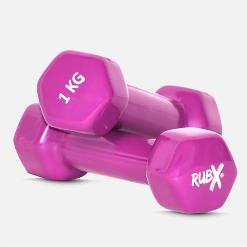 Image of RUBX Premium Unisex (Set for Men & Women) Vinyl Dumbbells Set of 2 |Ideal Home & Gym Workout | Fitness Gym Equipment for Strength Training, Bodybuilding, & Aerobics (1+1=2kg (PURPLE), 1 KGS Each)