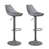 Set de 2 taburetes altos giratorios fabricados con el asiento y respaldo de una sola pieza, realizado con polipropileno de color gris, llevan un cojín fijo en el asiento, confeccionado con tejido de polipiel gris y con el relleno de esponja de poliéster, y el pie giratorio es de metal pintado al polvo, color gris.