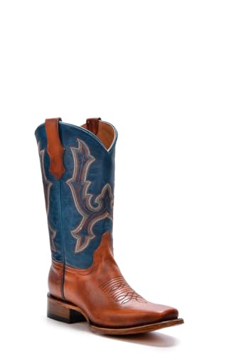 CORRAL TEEN'S HONEY-NAVY BLUE EMBROIDERY SQ. TOE, LEATHER SOLE, COWHIDE LEATHER, WESTERN BOOTS, T0190