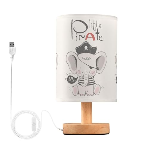YYZZH Table Lamp Cute Elephant in Pirate Suit Ocean Bubble Nautical Theme Nightstand Lamp with Wood Base Fabric Lamp Shade Bedside Desk Lamp for Living Room Bedroom Kids Room Office