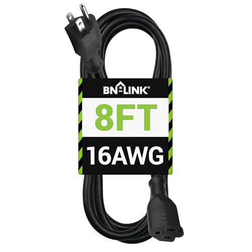 BN-LINK 8 ft Indoor/Outdoor Extension Cord 16/3 SJTW, Black, Water & Weather Resistant, 3-Prong...