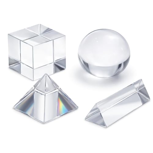 4 Pack K9 Optical Crystal Prism Set 50mm Crystal Ball Cube Triangular Prism Pyramid for Photography Teaching Entertainment