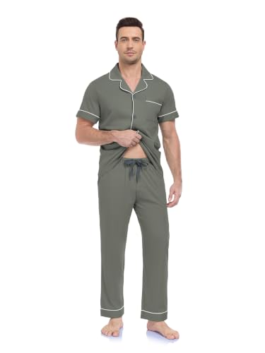 Image of COLORFULLEAF Men's Pajama Sets 100% Cotton Short Sleeve Button Down | 100% Cotton, Short Sleeve, Long Pants, Button Down, Notched Collar, Soft, Breathable, Lightweight, Comfortable, 2 Piece Set