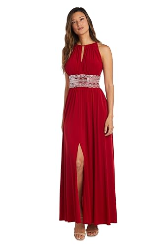 Image of R&M Richards Women's Halter Neck Dress W /Embellished Waistband & Front Slit - Elegant Evening Occasion Maxi Gown