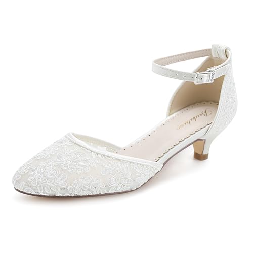 Bridaluxe 01127 Damen Hochzeitsschuhe 4cm Absatz Spitze Riemchen Elegante Brautschuhe bequem...