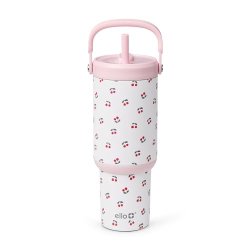 Image of Ello Oasis Go+ 26oz Tumbler with Top Handle and Retracting Straw | Reusable Insulated Stainless Steel Cup, 100% Leakproof Water Bottle, 24 Hours Cold, Cup Holder Friendly For Travel | Cherries Jubilee