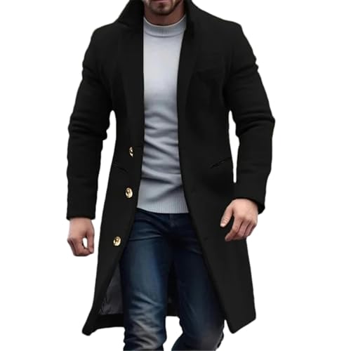 Veste en laine mi-longue homme manteau hiver chaud avec poche noir L 02BK001