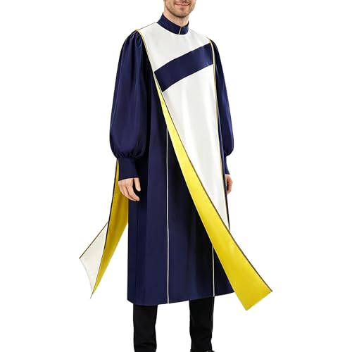 Costume de clergé homme bleu blanc avec bordure jaune brodée