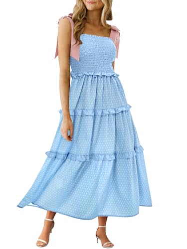 Wenrine Womens Summer Floral Maxi Dress Smocked Tie Shoulder Boho Sleeveless Ruffle Tiered Casual Beach Dresses Light Blue