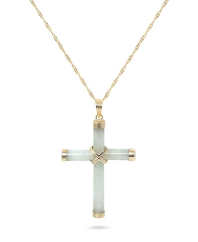 10K Yellow Gold Genuine Jade Cross Pendant Necklace