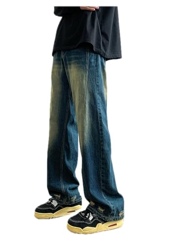 Jeans Pants Trousers Denim High Street Retro Blue Men's Loose Straight Leg Wide Daily Commuter Splicing Feel4