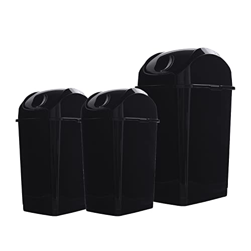 Image of Superio Swing Top Trash Can,Set of 3 Waste Bins for Home, Kitchen, Office, Bedroom, Bathroom, Ideal for Large or Small Spaces - White (Black-10 qt+2 5 qt)