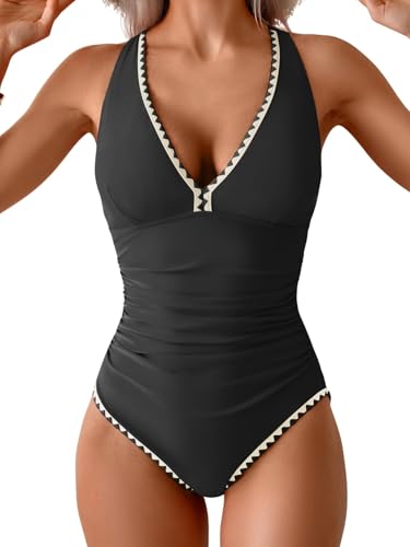 B2prity One Piece Swimsuit for Women Tummy Control Ruched Bathing Suit Push Up Tie Back Swimwear Shell Stitched Black, White