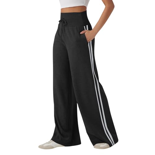 Women's Wide Leg Sweatpants Baggy Striped High Waisted Tummy Control Lounge Pants Drawstring Casual Palazzo Pants