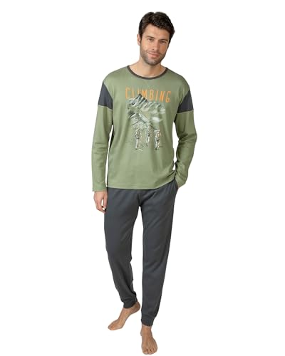 MASSANA Pijama de Invierno para Hombre, Manga Larga, 100% Algodón, Varios Diseños a Escoger (FR/ES, Letras, M, Regular, Regular, Caqui)