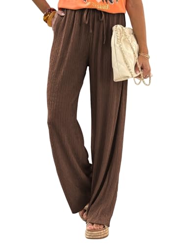Samefar Womens Linen Pants Casual Fall Fashion 2025 Flowy Wide Leg Drawstring Palazzo Pants Work Business Beach Vacation Trousers with Pockets Brown Small
