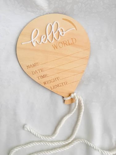 KEMMINTVN Wooden Newborn Announcement Ornament, Hello World Balloon Sign with