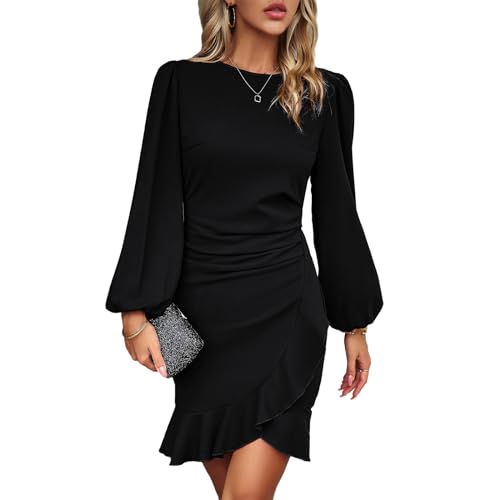 YNIQUE Women's Long Sleeves Dress 2025 Zipper Bodycon Mini Dress Ruffle Hem Round Neck Cocktail