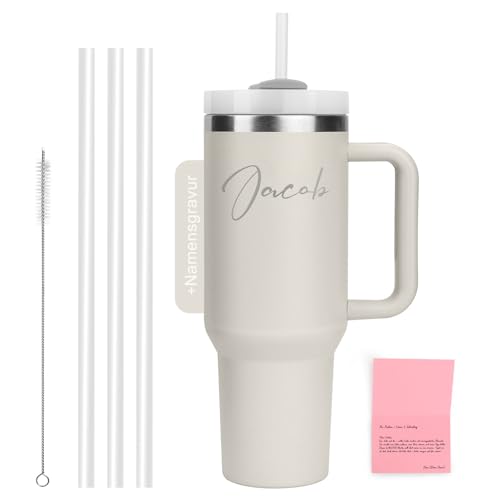 WALLFID 40oz Edelstahl Thermobecher, personalisierbar mit individuellem Namensaufdruck, vakuumisoliert mit Deckel, inkl. 3 Strohhalmen & Reinigungsbürste (Cremefarben)