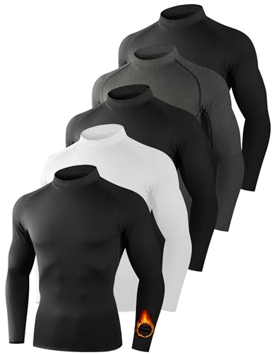 Dalavch 5 Pack Thermal Compression Shirts for Men Mock Turtleneck Long Sleeve Running Undershirt Base Layer Tops for Winter 3 Black 1 Heather Grey 1 White Medium