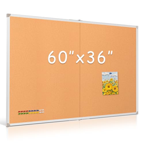 DOLLAR BOSS Tablero de corcho plegable, tablero de corcho de 60 x 36 pulgadas, tablero de anuncios extragrande, marco de aluminio portátil de doble cara, tablero de pines montado en la pared para
