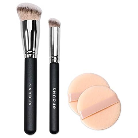 GFOUNS 4 pack foundation brush & concealer brush & Powder puff:face makeup brushes kit for Liquid, Cream,Blending,buffing and Setting Powder,angled kabuki brush & contour brushes for makeup Cover